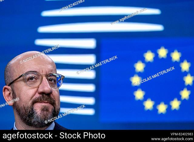 European Council President Charles Michel pictured during a press moment by the President of the European Council, the President of the European Commission and...