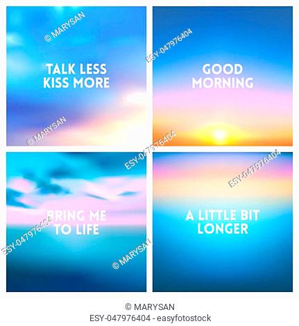 Abstract vector multicolored blurred background set. 4 colors set. Square blurred backgrounds set - sky clouds sea ocean beach colors With love quotes