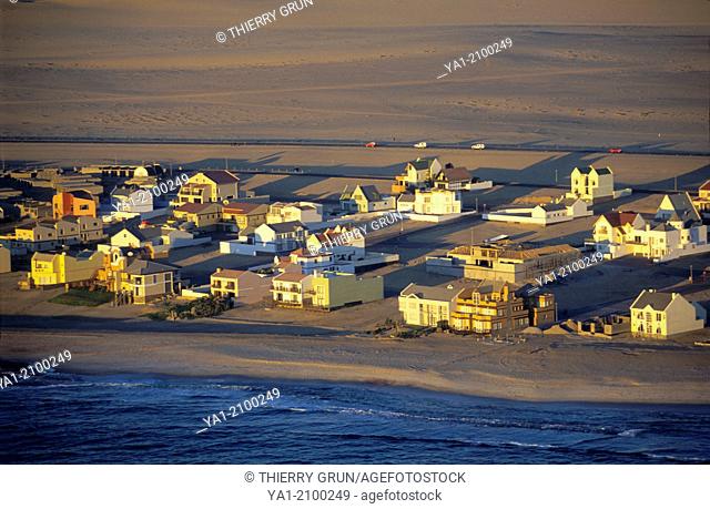 Aerial view of Dolfynstrand resort on Atlantic coast and Namib desert, Langstrand, Namibia, Africa