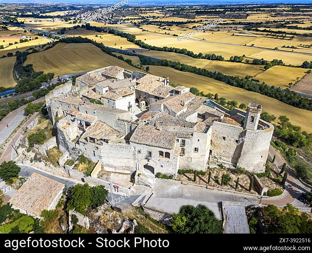 Aerial view of Medieval village of Montfalco Murallat in Lleida, Catalonia. . . Montfalcó Murallat is a population entity in the municipality of Olujas in the...