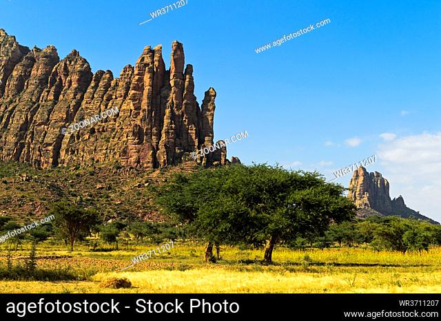 Zerklüftete Felsnadeln im Gheralta Bergmassiv erheben sich über die Hochebne bei Hawzien, Tigray, Äthiopien / Jagged rocks of the Gheralta Mountain range rising...