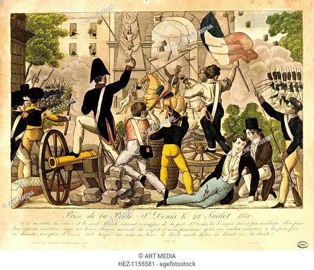 'Prise de la Porte St. Denis le 28th Juillet 1830, ' Revolution of 1830, Paris. The battle at Porte St Denis, between the people and a royal battalion