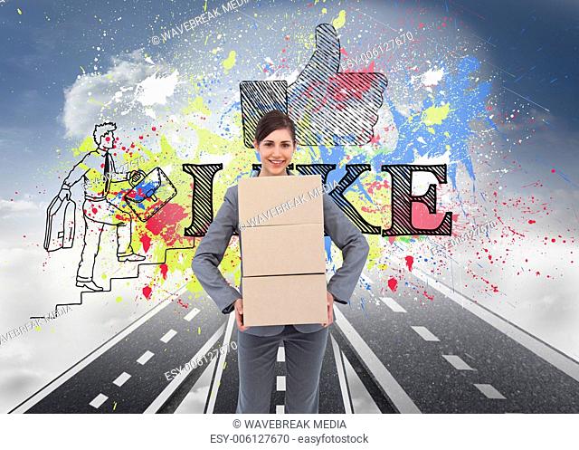 Composite image of smiling businesswoman carrying cardboard boxes