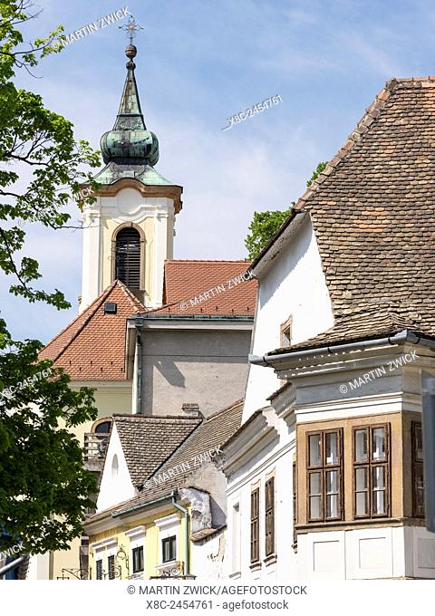 Szentendre near Budapest at the Danube Bend. The old town with the Blagovescenska church. Europe, Eastern Europe, Hungary, April