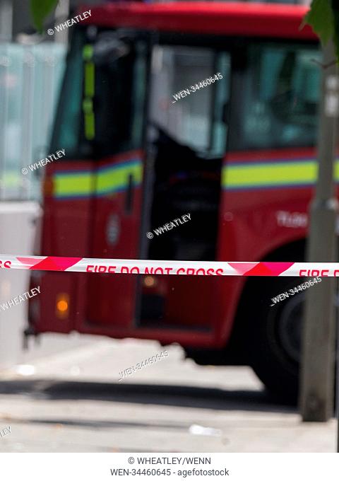 Scene of fire at 6th floor flat off Queenstown Road Battersea. Police cordon off surrounding streets and close Battersea Bridge to create a perimeter around the...