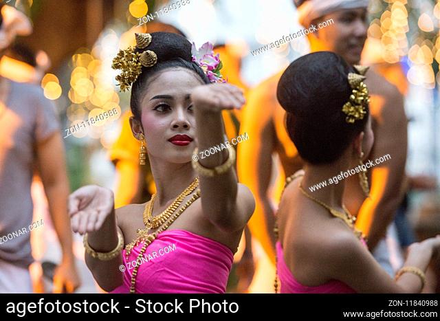 traditional Thai Dance at the Loy Krathong festival at the fort Sumen at the Santichaiparakan park in Banglamphu in the city of Bangkok in Thailand