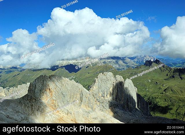 The view from Punta Rocca, one the summits of the Marmolada, the higest mountain of the Dolomites. They are a mountain range declared a UNESCO World Heritage...