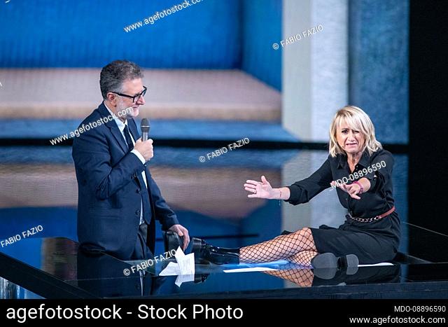 Italian TV host Fabio Fazio and italian comedian Luciana Littizzetto during the tv broadcast Che Tempo Che Fa. Milan (Italy), October 31st, 2021