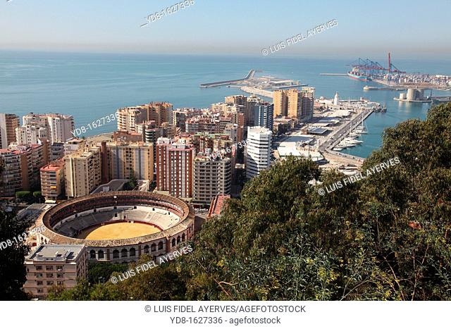 Aerial view of the bay and the Plaza de Toros de Malaga, Spain, Europe