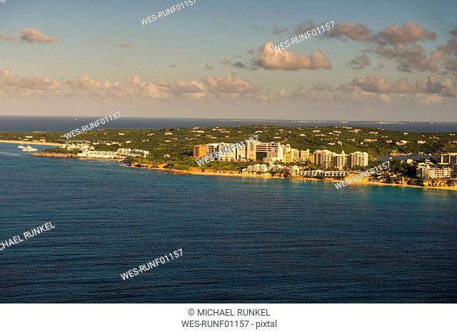 Caribbean, Antilles, Aerial view of Sint Maarten in the evening