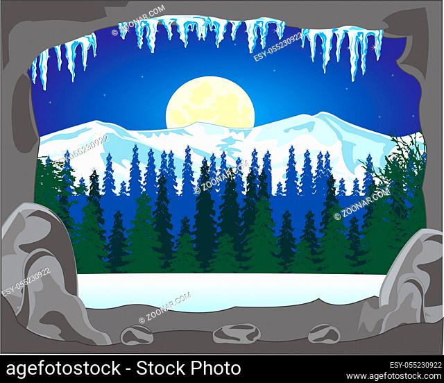 The Big cave in winter in wood in the night.Vector illustration