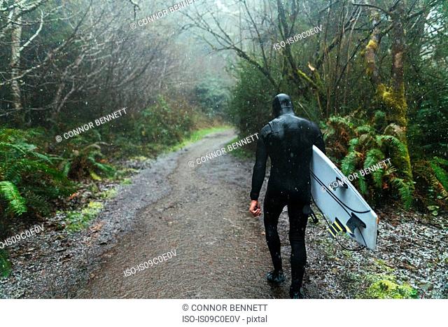 Young male surfer in wetsuit walking along puddled dirt track in rain, rear view, Arcata, California, United States