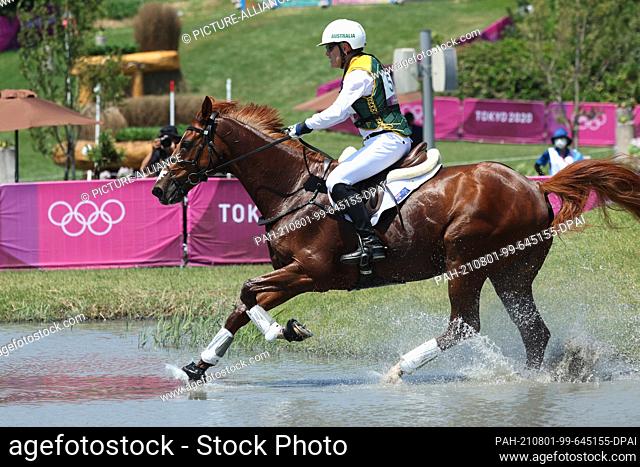 01 August 2021, Japan, Tokio: Equestrian/Eventing: Olympia, Preliminary, Cross Country, on the Sea Forest XC Course. Andrew Hoy from Australia on Vassily de...