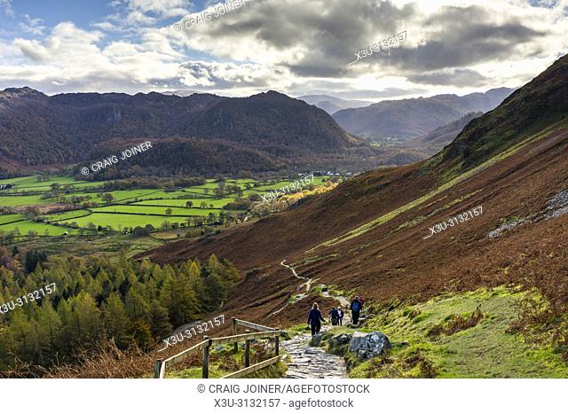 The footpath to Catbells overlooking the Borrowdale Valley and Grange Fell beyond. Lake District National Park, Cumbria, England