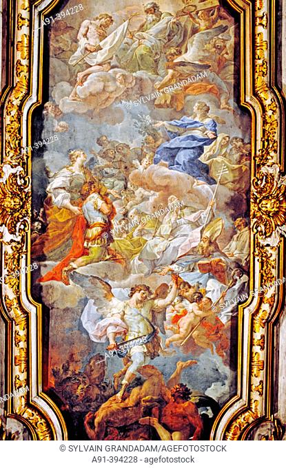 ‘Apparizione della Croce’ by Corrado Giaquinto (c.1744), painted ceiling in the Santa Croce in Gerusalemme church. Rome, Italy