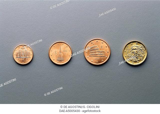 1 cent, 2 cent, 5 cent and 10 cent euro coins, issued in Italy, 2002, obverse depicting Castel del Monte near Andria, Mole Antonelliana in Turin