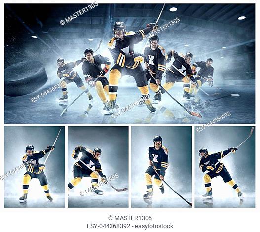 Decisive throw of the puck and goal. Collage from three models about ice hockey players in action on ice. Male professional athletes swinging his stick before a...