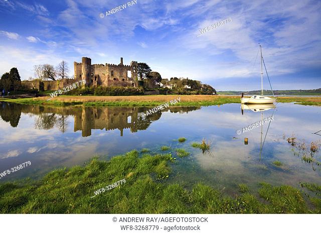 The medieval castle at Laugharne in Carmathernshire, catptured at high tide on a sunny evening in mid April. Canon 5D Mark 2, Canon 16-35mm f4 L Lens at 18mm