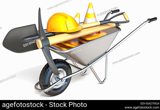 Wheelbarrow with shovel, pickaxe, traffic cones and hardhat 3D render illustration isolated on white background