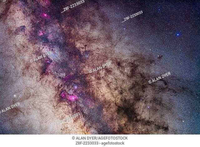 A mosaic of the region around the Small Sagittarius Starcloud and Dark Horse dark nebula complex. The field takes in the Milky Way from the Lagoon Nebula at...