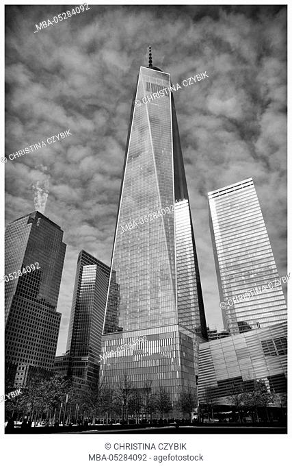 1 WTC or One World Trade Center with the World Trade Center Memorial Site in Manhattan, New York