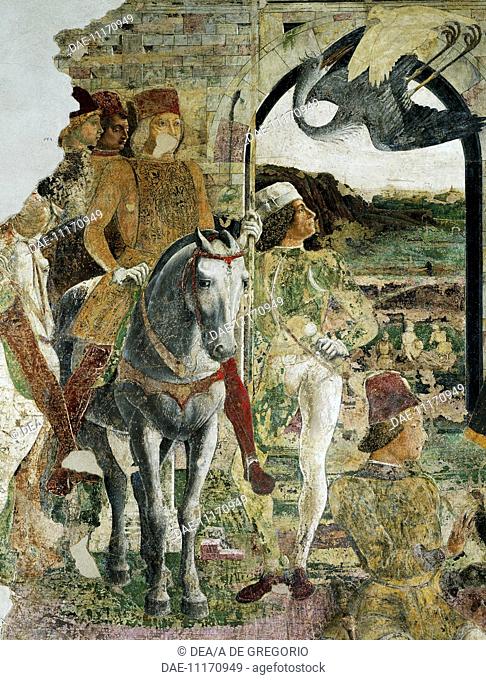 Borso d'Este returning from hunting, scene from Month of April, ca 1470, by Francesco del Cossa (ca 1435-1477), fresco, east wall, Hall of the Months