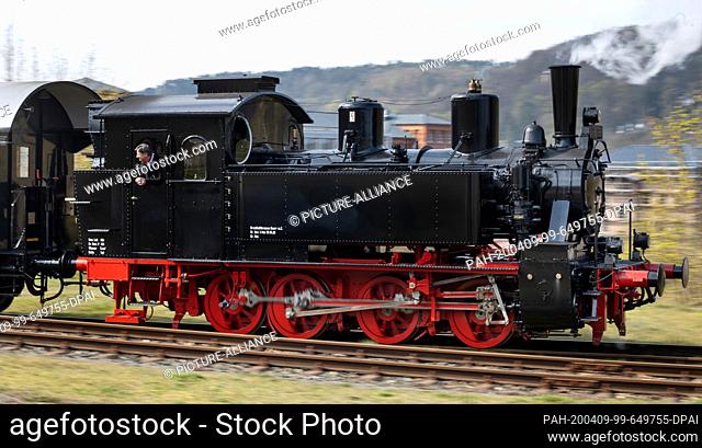 09 April 2020, Thuringia, Meiningen: The newly repaired steam locomotive 99 886 of the Rhön train, which was severely damaged in an accident in summer 2018