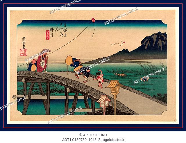 Kakegawa, Ando, Hiroshige, 1797-1858, artist, [between 1833 and 1836, printed later], 1 print : woodcut, color., Print shows elderly people walking across the...