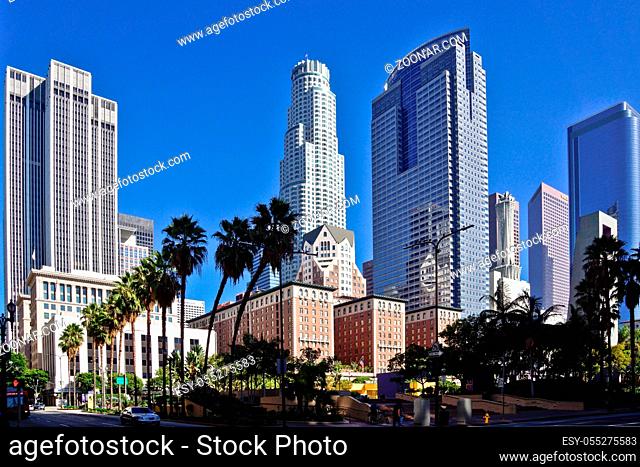 Road trip along USA West Coast LA Downtown skyscraper in sunshine