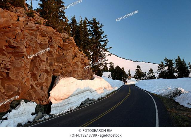 Crater Lake National Park, OR, Oregon, Cascade Range, Volcanic Legacy Scenic Byway from Rim Drive, snow