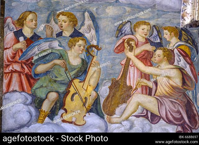 Fresco of angels playing music, portal, Cattedrale di Santa Maria Assunta e San Giovanni Battista, La Cattedrale di Aosta, Aosta, Valle d'Aosta, Valle d'Aosta