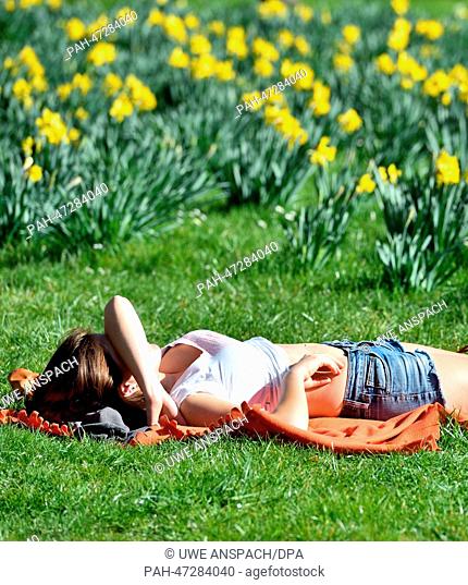 A woman lies in the grass next to a blooming narcissus field in Schwetzingen, Germany, 20 March 2014. Photo: UWE ANSPACH/dpa | usage worldwide
