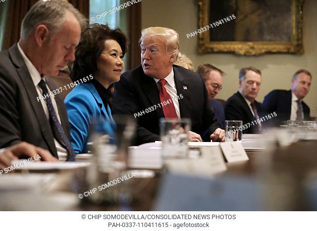 United States President Donald J. Trump (C) talks to reporters during a cabinet meeting with (L-R) US Secretary of the Interior Ryan Zinke