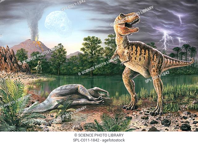 Cretaceous-Tertiary extinction event. Artwork of the K-T asteroid upper left seen in the sky just before the impact that caused the mass extinction event 65...