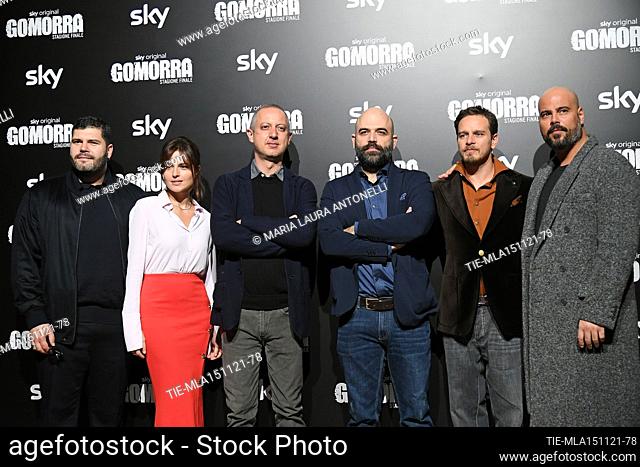 Salvatore Esposito, Ivana Lotito, the director Claudio Cupellini, Roberto Saviano, Arturo Muselli, Marco D'Amore during the photocall of tv series 'Gomorra'...