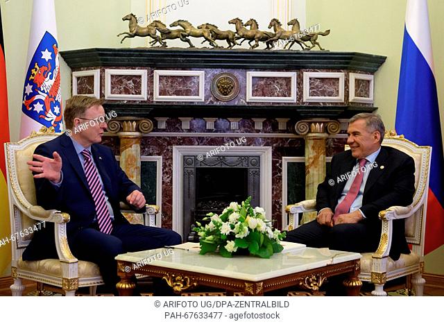 Thuringian State Premier Bodo Ramelow (L) meets with the President of the Reublic of Tatarstan Rustam Minnikhanov in the Kremlin in Kazan, Russia, 20 April 2016
