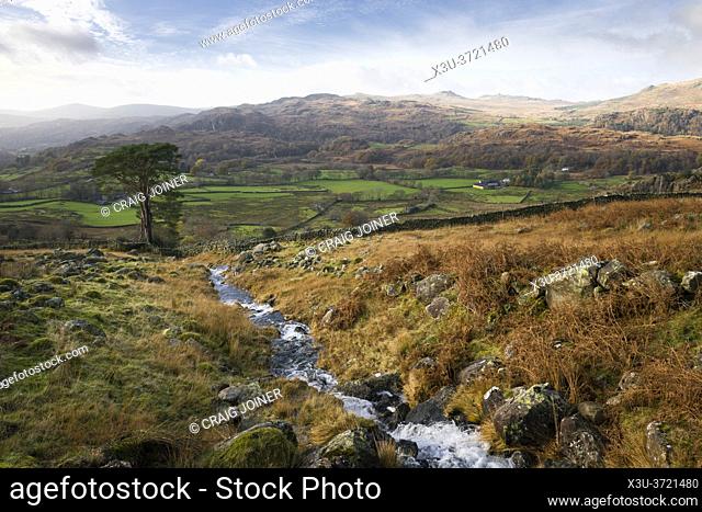 Autumnal view over the Duddon Valley from the Seathwaite Fells in the Lake District National Park, Cumbria, England