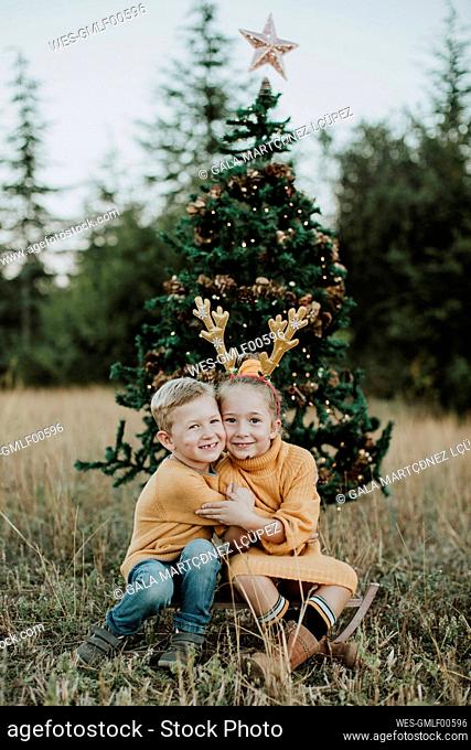 Smiling siblings embracing while sitting by Christmas tree on grassy land