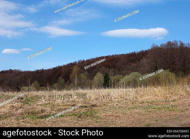 Mountains and field in the early spring on a blue sky background