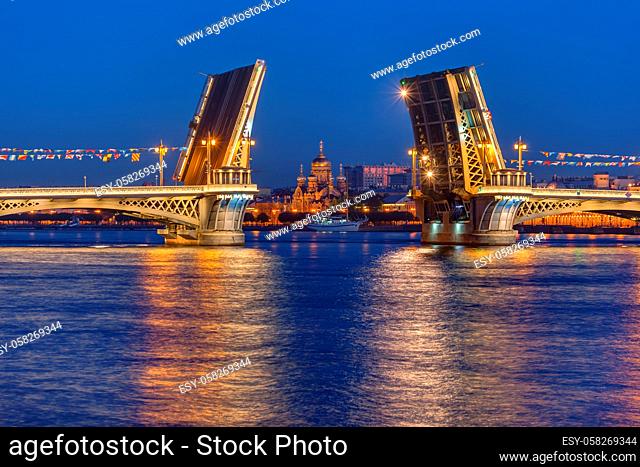 Neva river and open Blagoveshchensky Bridge - St. Petersburg Russia