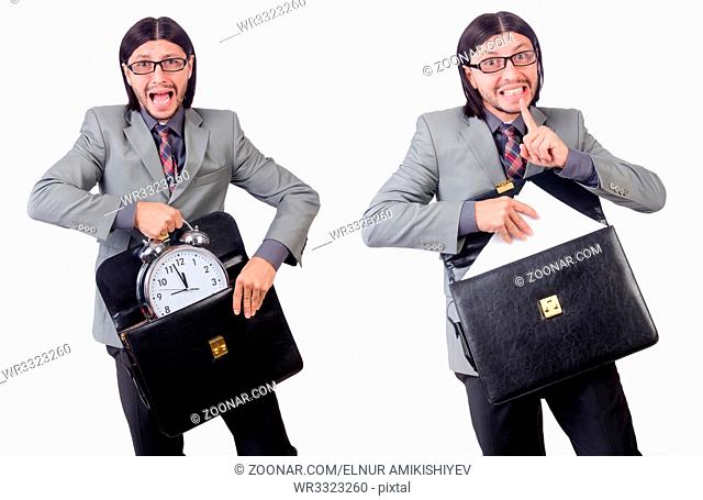 Young businessman in gray suit holding briefcase isolated on white