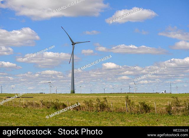 Lonely wind turbine under a cloudy sky and the horizon full wind mills in the countryside of Uruguay
