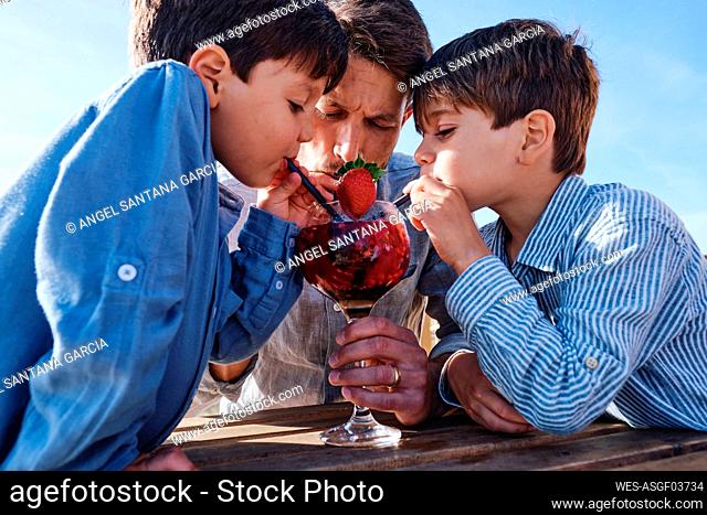 Father with children drinking juice on sunny day