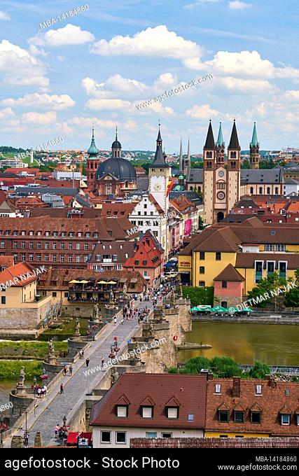 View from Marienberg Fortress to the historic old town and the Old Main Bridge of Würzburg and the Main, Lower Franconia, Franconia, Bavaria, Germany