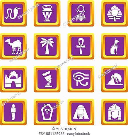 Egypt travel icons set vector purple square isolated on white background