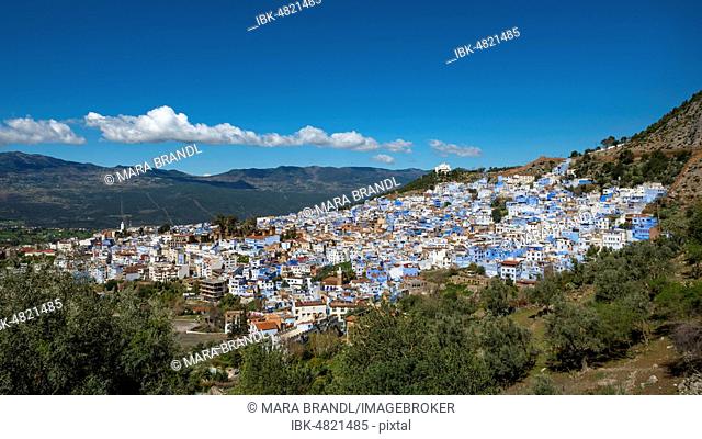 View on blue houses of the medina of Chefchaouen, Chaouen, reef mountains, Tangier-Tétouan, Morocco