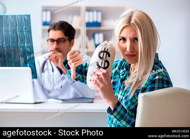 Concept of expensive healthcare with woman visiting male doctor