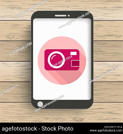 Smartphones with photocamerasymbol on the wooden background. Eps 10 vector file