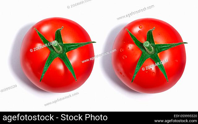 Single fresh ripe round tomato with sepal, with and without dewdrops. Top view, clipping paths, shadows separated
