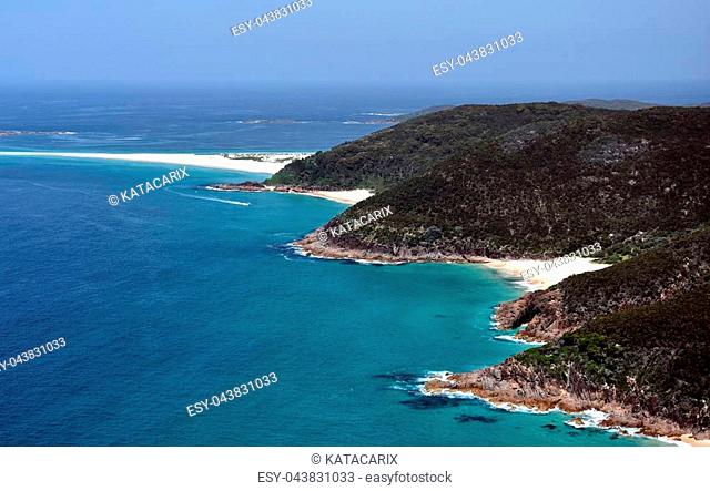 Coastline of Shoal bay on a sunny day from Mount Tomaree Lookout (Central Coast, NSW, Australia)
